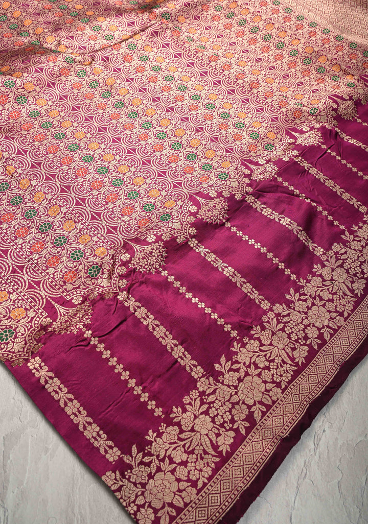 Stunning Magenta Banarasi Katan Silk Saree with Meenakari Floral Brocade And Zari Border | SILK MARK CERTIFIED