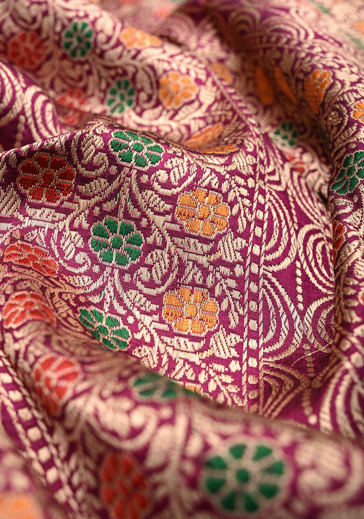 Stunning Magenta Banarasi Katan Silk Saree with Meenakari Floral Brocade And Zari Border | SILK MARK CERTIFIED