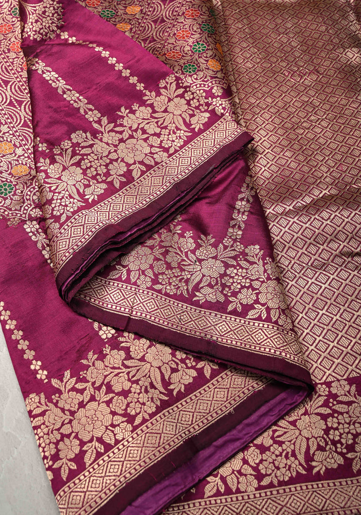Stunning Magenta Banarasi Katan Silk Saree with Meenakari Floral Brocade And Zari Border | SILK MARK CERTIFIED
