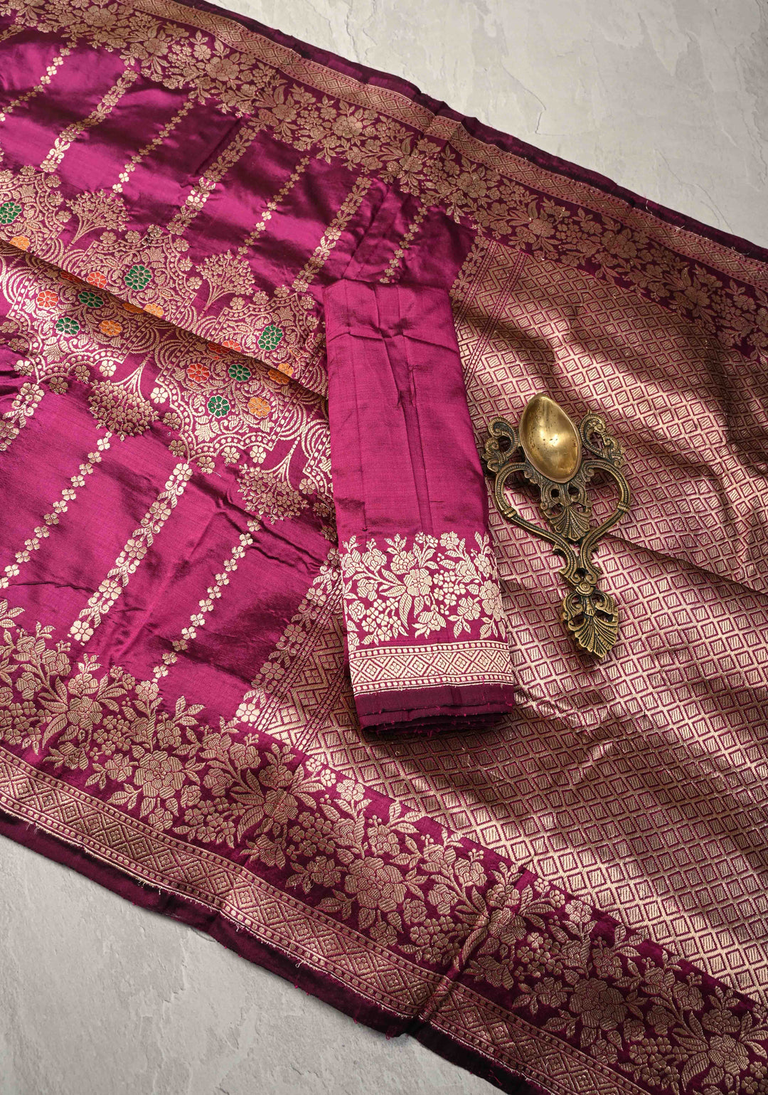 Stunning Magenta Banarasi Katan Silk Saree with Meenakari Floral Brocade And Zari Border | SILK MARK CERTIFIED
