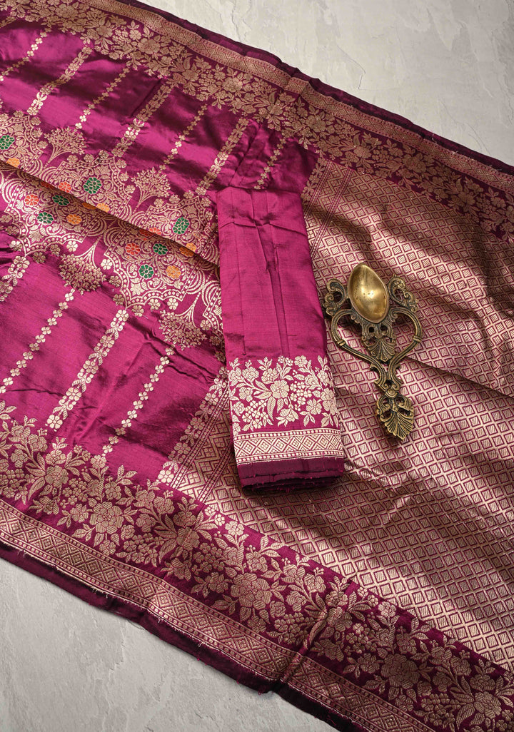 Stunning Magenta Banarasi Katan Silk Saree with Meenakari Floral Brocade And Zari Border | SILK MARK CERTIFIED