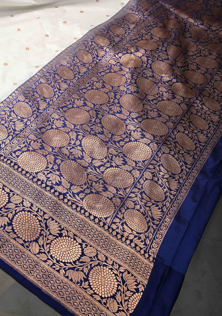 White Banarasi Katan Silk Saree with Zari Buttas and Contrast Zari Border | SILK MARK CERTIFIED
