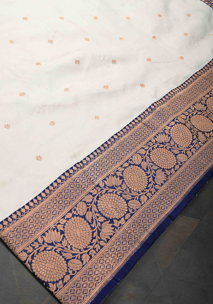 White Banarasi Katan Silk Saree with Zari Buttas and Contrast Zari Border | SILK MARK CERTIFIED