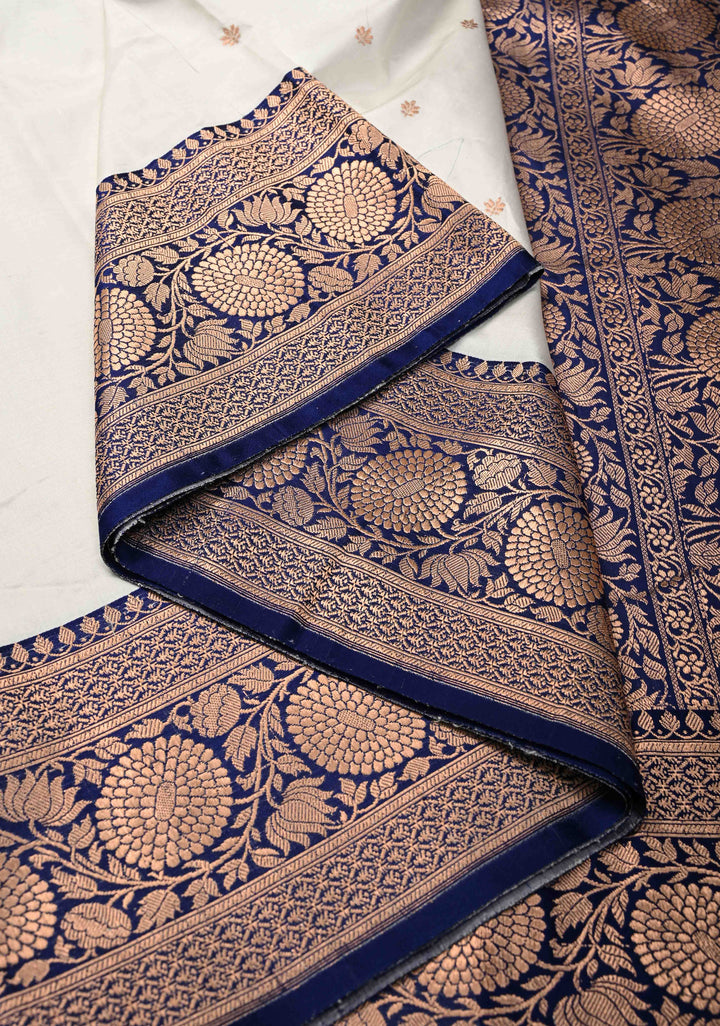 White Banarasi Katan Silk Saree with Zari Buttas and Contrast Zari Border | SILK MARK CERTIFIED