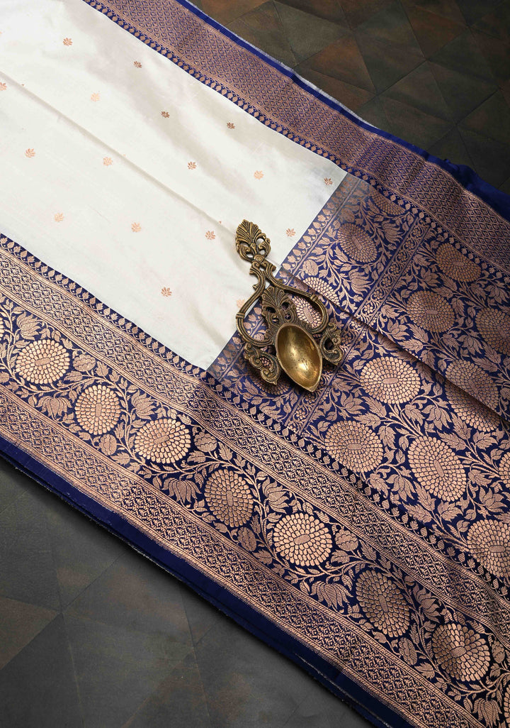 White Banarasi Katan Silk Saree with Zari Buttas and Contrast Zari Border | SILK MARK CERTIFIED