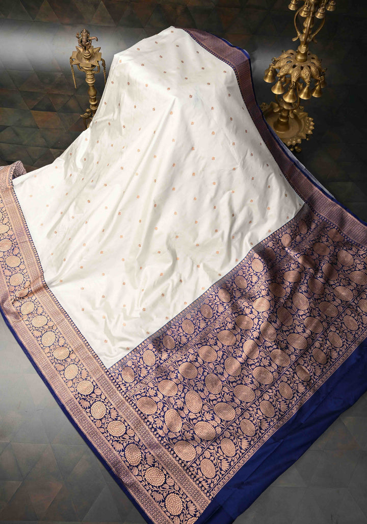 White Banarasi Katan Silk Saree with Zari Buttas and Contrast Zari Border | SILK MARK CERTIFIED