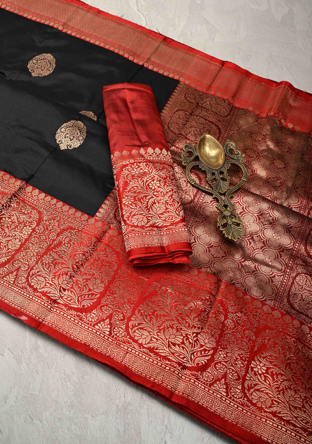 Black Banarasi Katan Silk Saree with Floral Brocade and Contrast Zari Border | SILK MARK CERTIFIED
