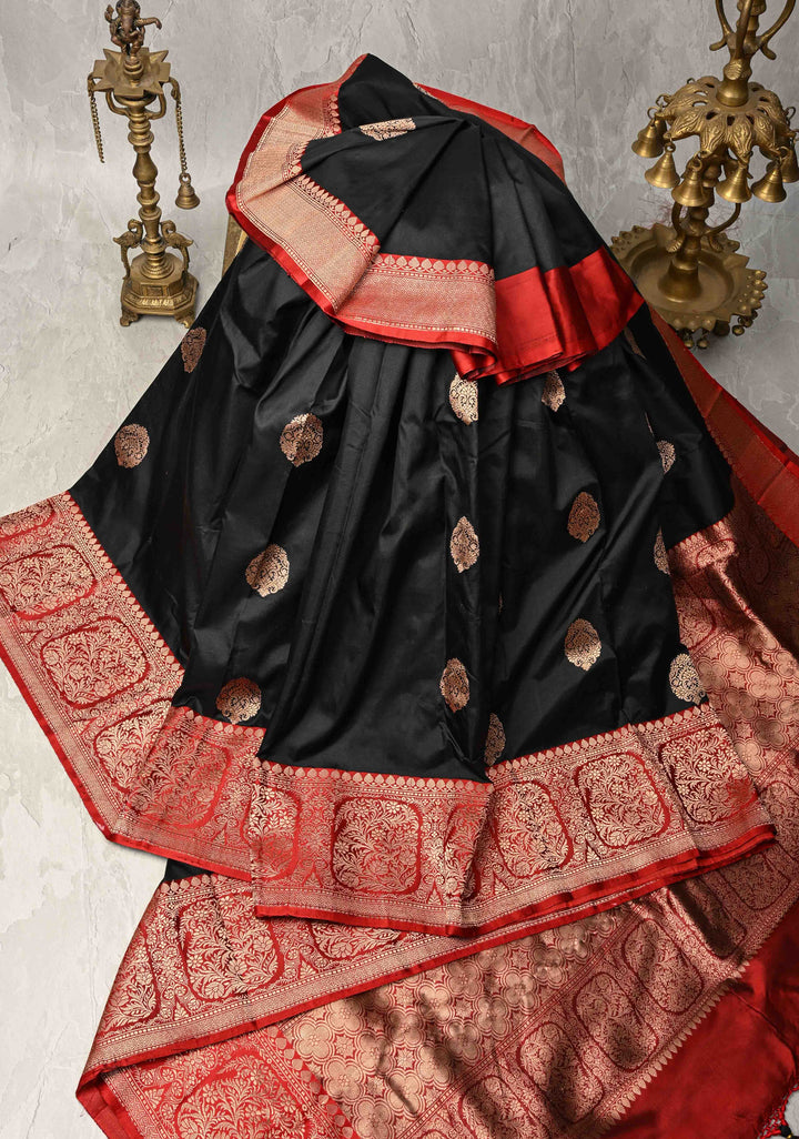 Black Banarasi Katan Silk Saree with Floral Brocade and Contrast Zari Border | SILK MARK CERTIFIED