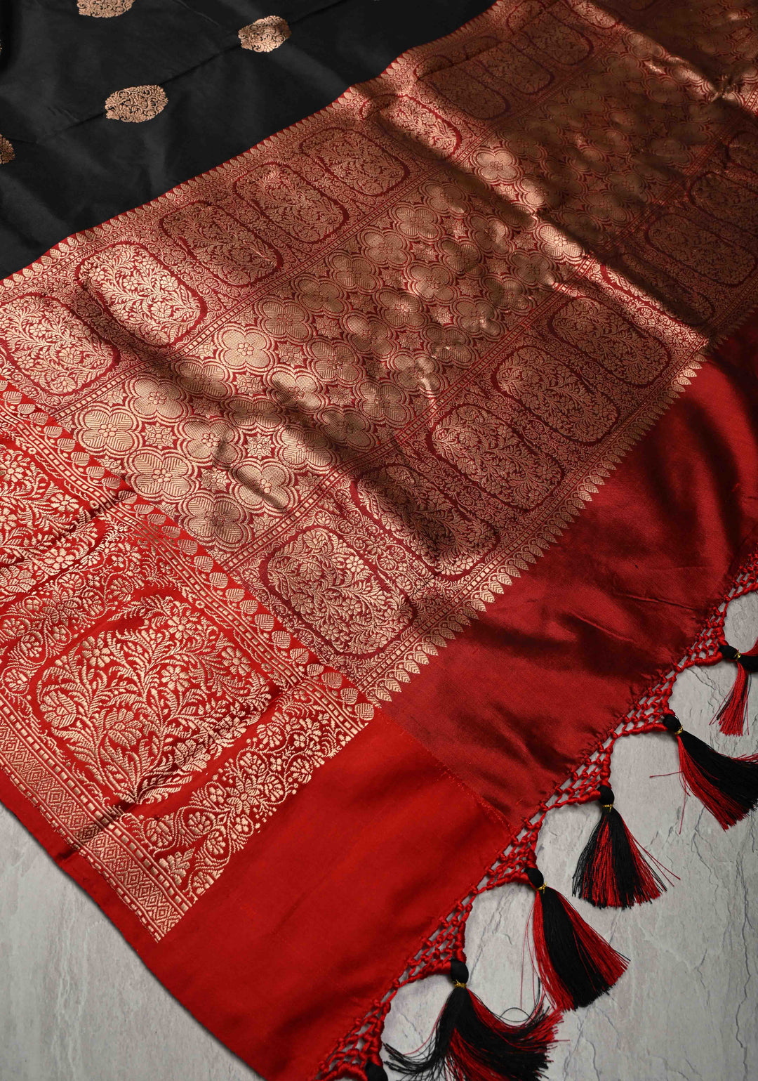 Black Banarasi Katan Silk Saree with Floral Brocade and Contrast Zari Border | SILK MARK CERTIFIED
