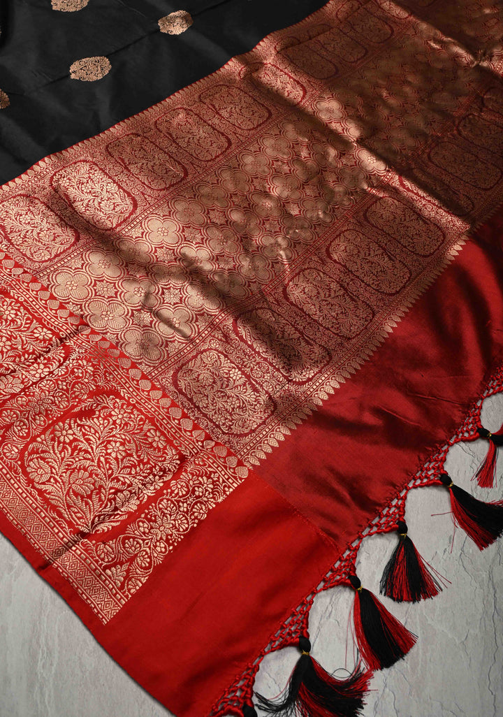 Black Banarasi Katan Silk Saree with Floral Brocade and Contrast Zari Border | SILK MARK CERTIFIED