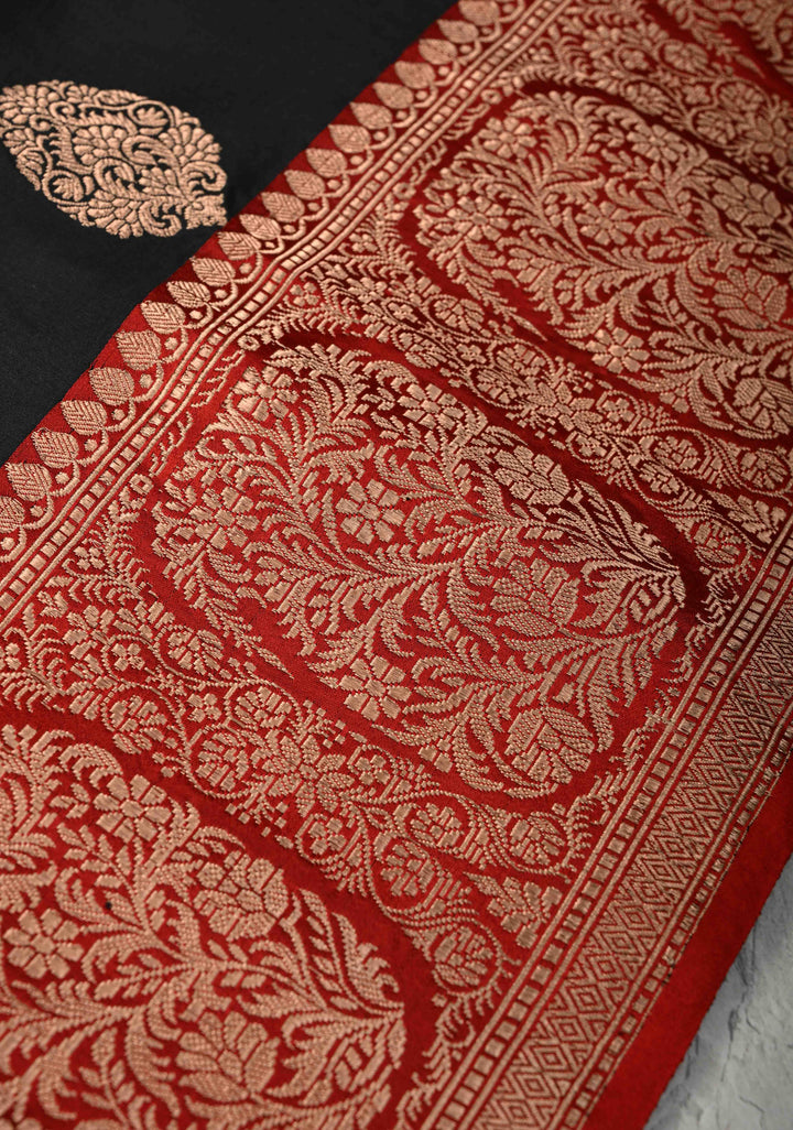 Black Banarasi Katan Silk Saree with Floral Brocade and Contrast Zari Border | SILK MARK CERTIFIED
