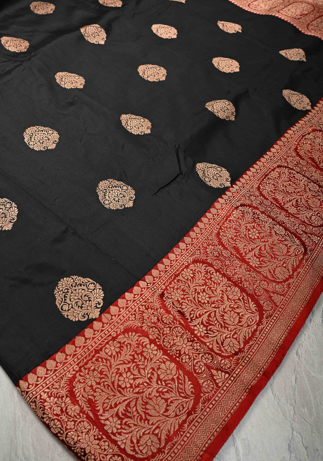 Black Banarasi Katan Silk Saree with Floral Brocade and Contrast Zari Border | SILK MARK CERTIFIED
