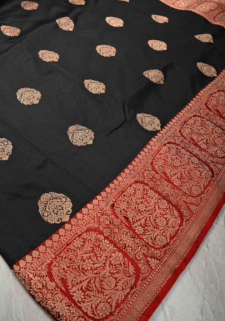 Black Banarasi Katan Silk Saree with Floral Brocade and Contrast Zari Border | SILK MARK CERTIFIED