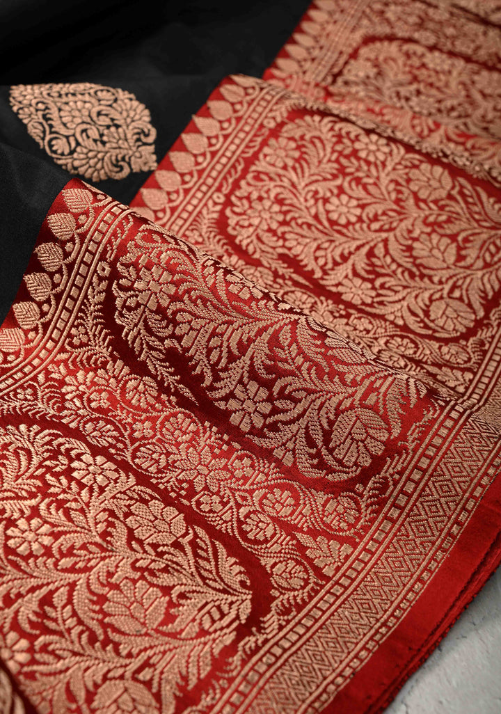 Black Banarasi Katan Silk Saree with Floral Brocade and Contrast Zari Border | SILK MARK CERTIFIED
