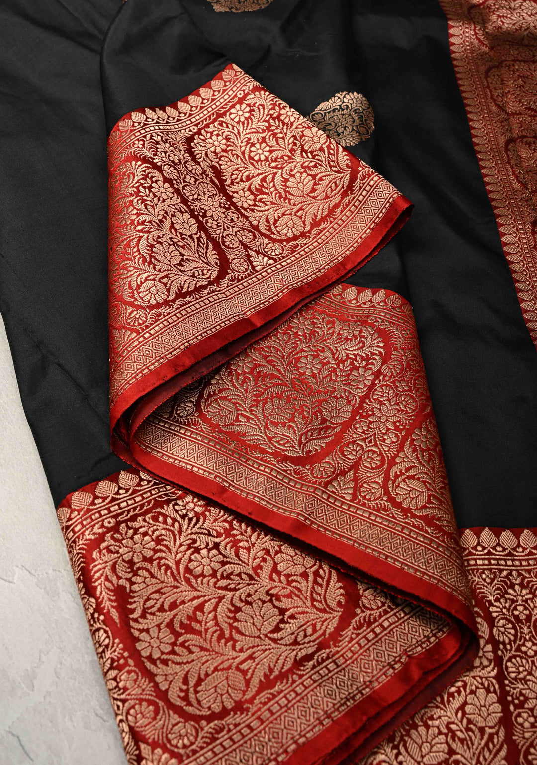 Black Banarasi Katan Silk Saree with Floral Brocade and Contrast Zari Border | SILK MARK CERTIFIED