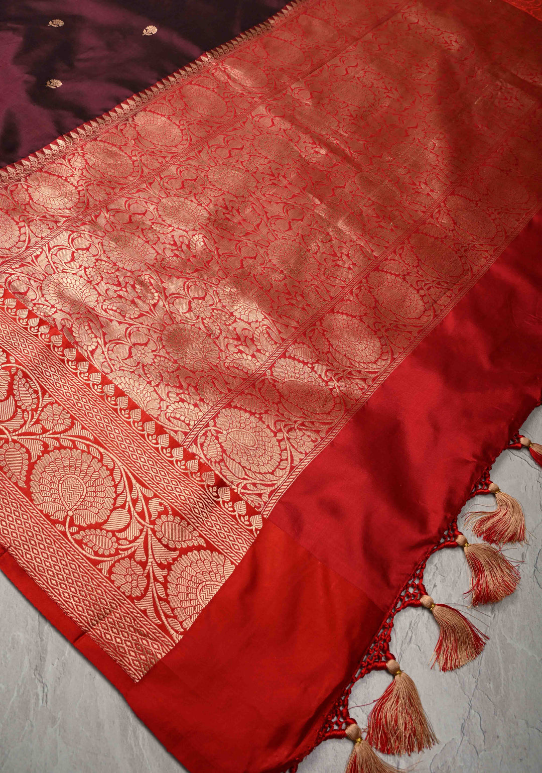 Dark Maroon Banarasi Katan Silk Saree with Floral Brocade and Contrast Zari Border | SILK MARK CERTIFIED