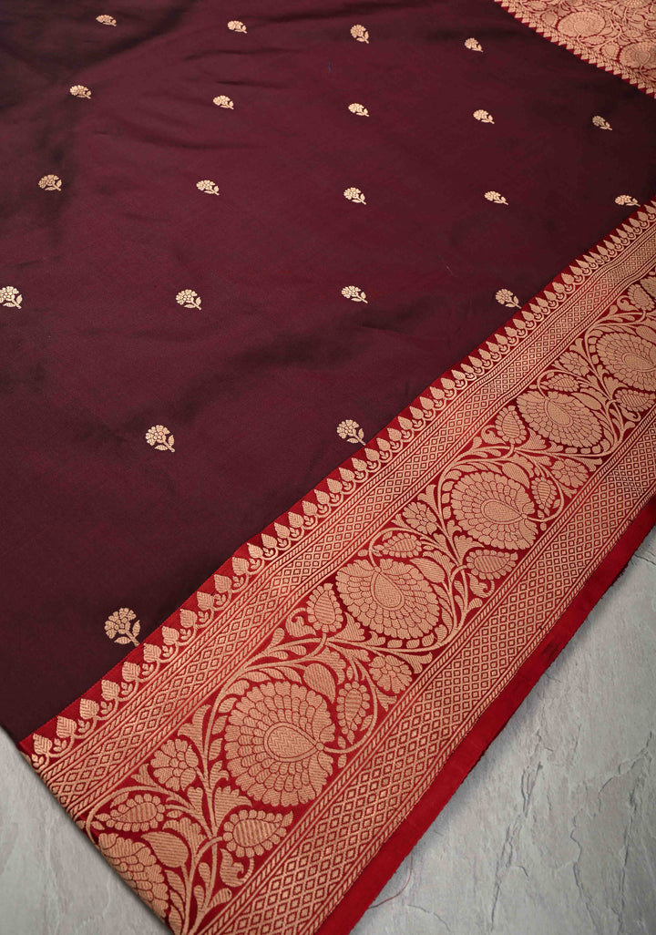 Dark Maroon Banarasi Katan Silk Saree with Floral Brocade and Contrast Zari Border | SILK MARK CERTIFIED