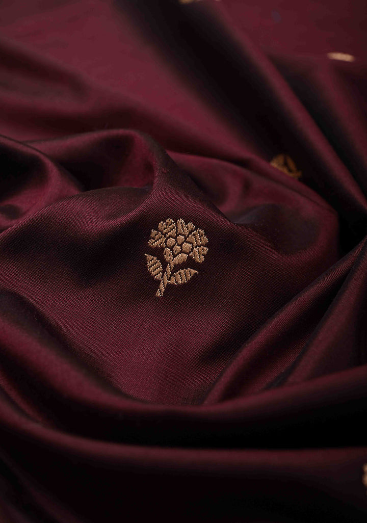 Dark Maroon Banarasi Katan Silk Saree with Floral Brocade and Contrast Zari Border | SILK MARK CERTIFIED
