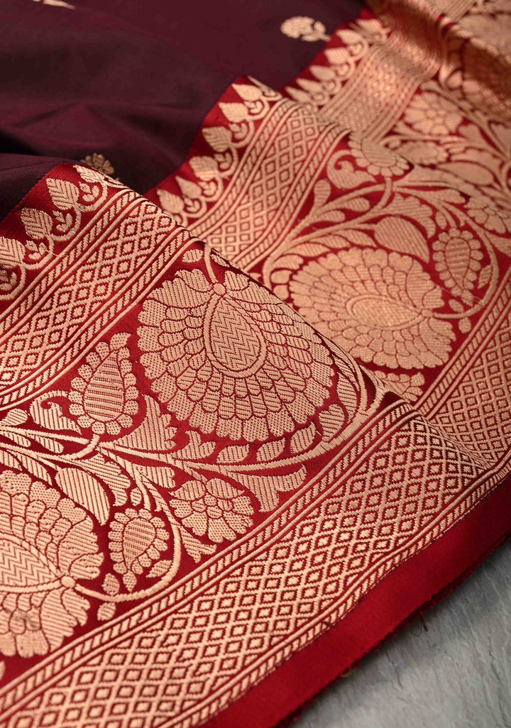 Dark Maroon Banarasi Katan Silk Saree with Floral Brocade and Contrast Zari Border | SILK MARK CERTIFIED