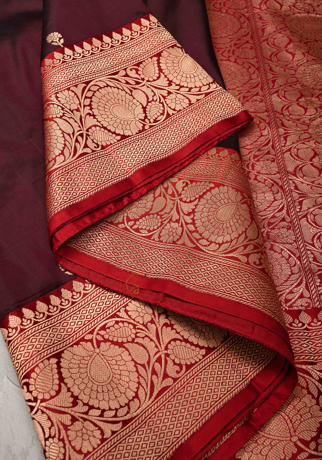 Dark Maroon Banarasi Katan Silk Saree with Floral Brocade and Contrast Zari Border | SILK MARK CERTIFIED