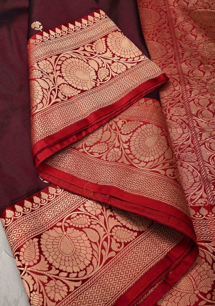 Dark Maroon Banarasi Katan Silk Saree with Floral Brocade and Contrast Zari Border | SILK MARK CERTIFIED