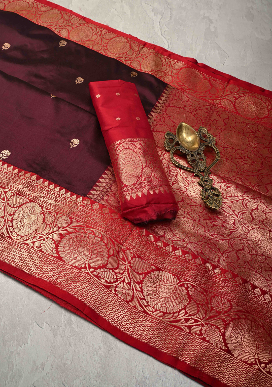 Dark Maroon Banarasi Katan Silk Saree with Floral Brocade and Contrast Zari Border | SILK MARK CERTIFIED