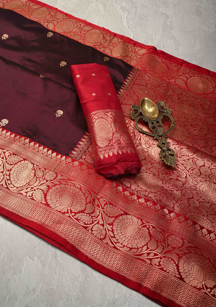 Dark Maroon Banarasi Katan Silk Saree with Floral Brocade and Contrast Zari Border | SILK MARK CERTIFIED
