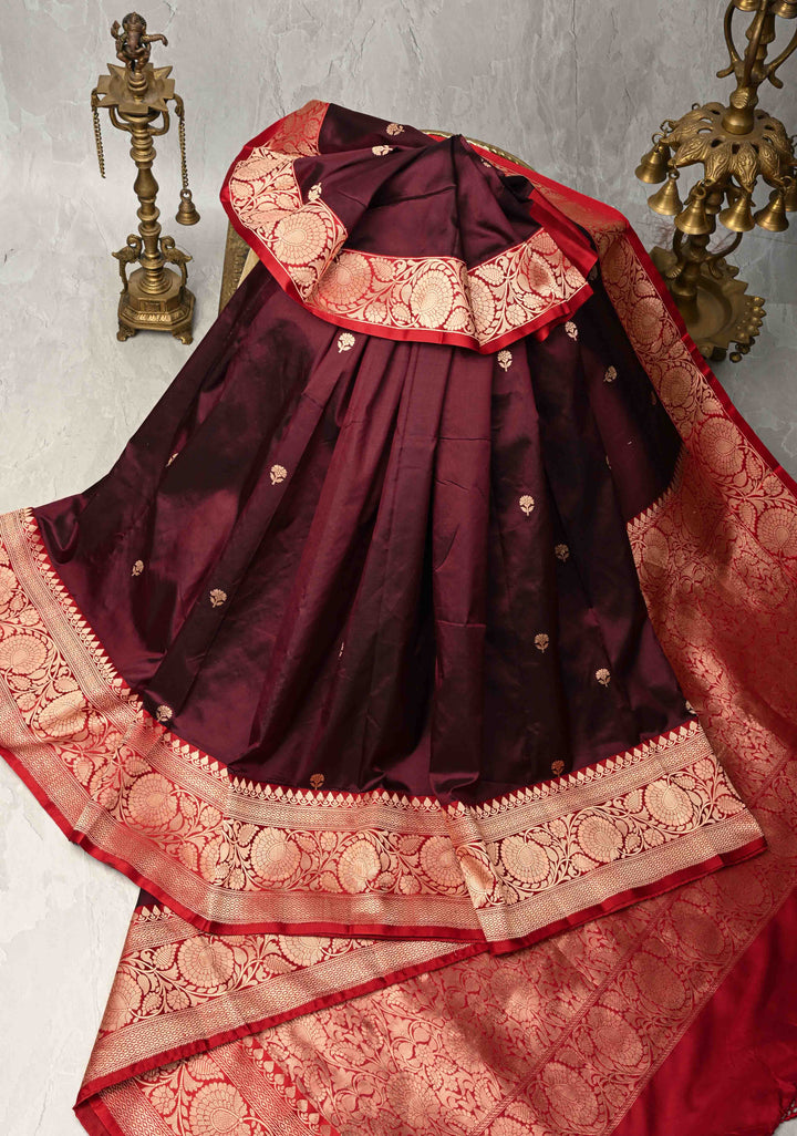Dark Maroon Banarasi Katan Silk Saree with Floral Brocade and Contrast Zari Border | SILK MARK CERTIFIED