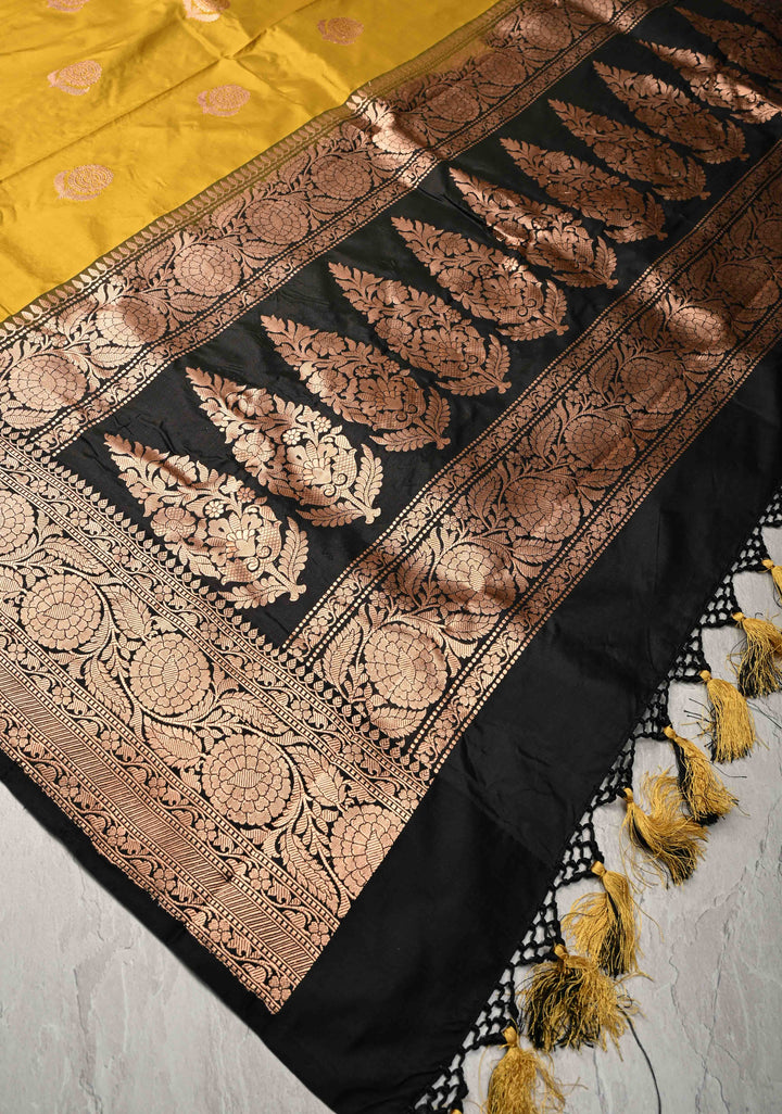 Moss Yellow  Banarasi Katan Silk Saree with Floral Butta and Contrast Zari Border | SILK MARK CERTIFIED