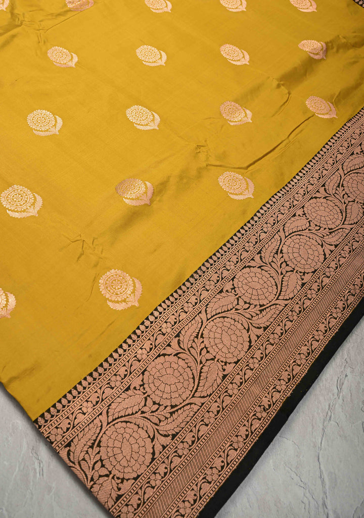 Moss Yellow  Banarasi Katan Silk Saree with Floral Butta and Contrast Zari Border | SILK MARK CERTIFIED