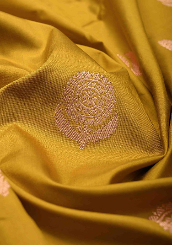 Moss Yellow  Banarasi Katan Silk Saree with Floral Butta and Contrast Zari Border | SILK MARK CERTIFIED