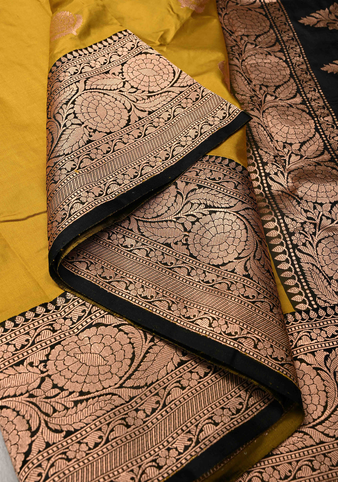 Moss Yellow  Banarasi Katan Silk Saree with Floral Butta and Contrast Zari Border | SILK MARK CERTIFIED