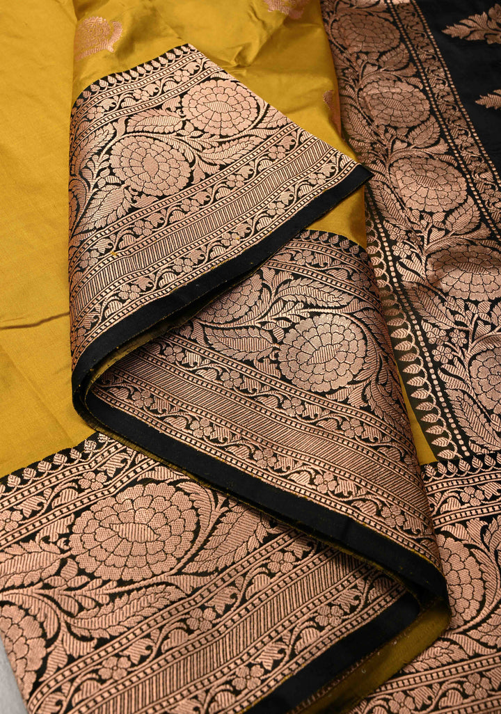 Moss Yellow  Banarasi Katan Silk Saree with Floral Butta and Contrast Zari Border | SILK MARK CERTIFIED