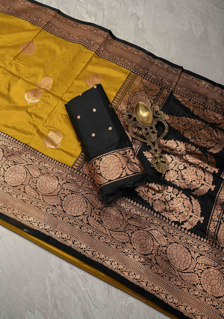 Moss Yellow  Banarasi Katan Silk Saree with Floral Butta and Contrast Zari Border | SILK MARK CERTIFIED