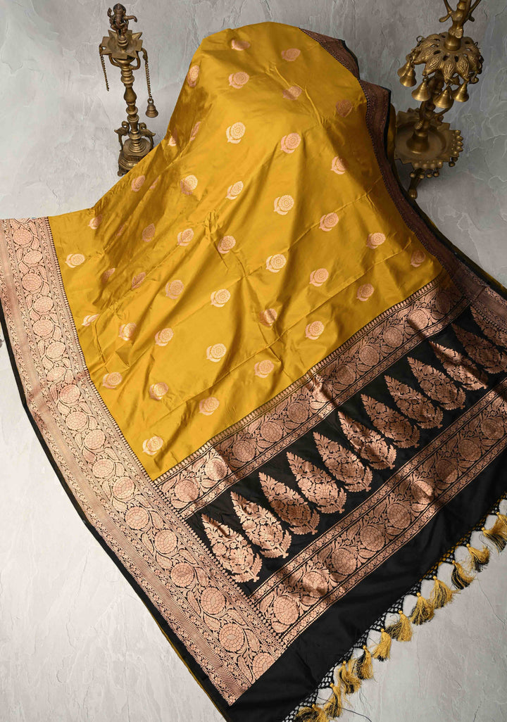 Moss Yellow  Banarasi Katan Silk Saree with Floral Butta and Contrast Zari Border | SILK MARK CERTIFIED