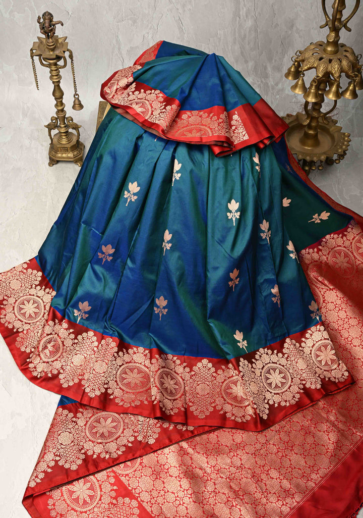 Peacock Blue and Green Dual Tone Banarasi Katan Silk Saree with Floral Butta and Contrast Zari Border | SILK MARK CERTIFIED