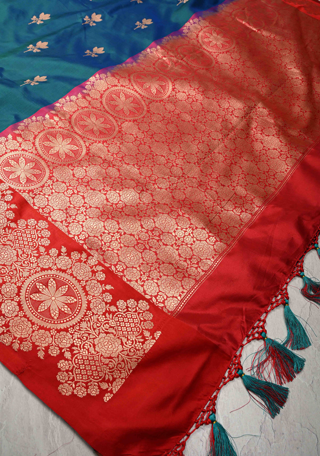 Peacock Blue and Green Dual Tone Banarasi Katan Silk Saree with Floral Butta and Contrast Zari Border | SILK MARK CERTIFIED