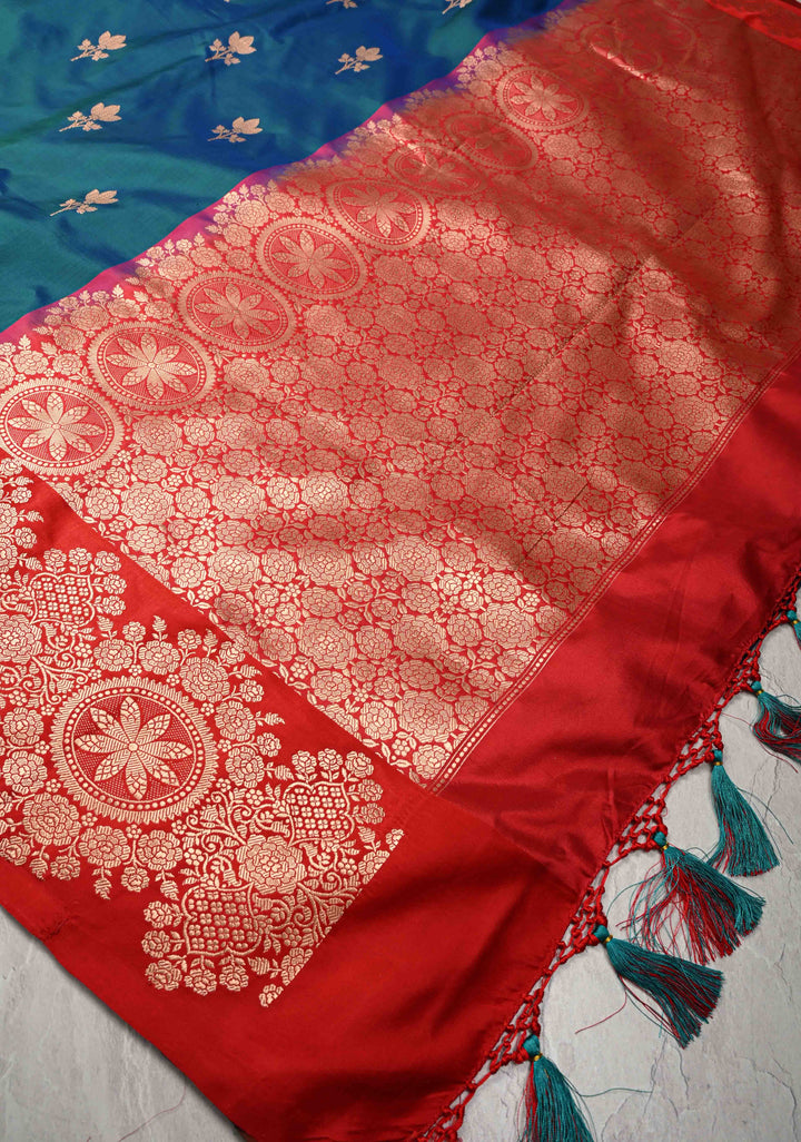 Peacock Blue and Green Dual Tone Banarasi Katan Silk Saree with Floral Butta and Contrast Zari Border | SILK MARK CERTIFIED