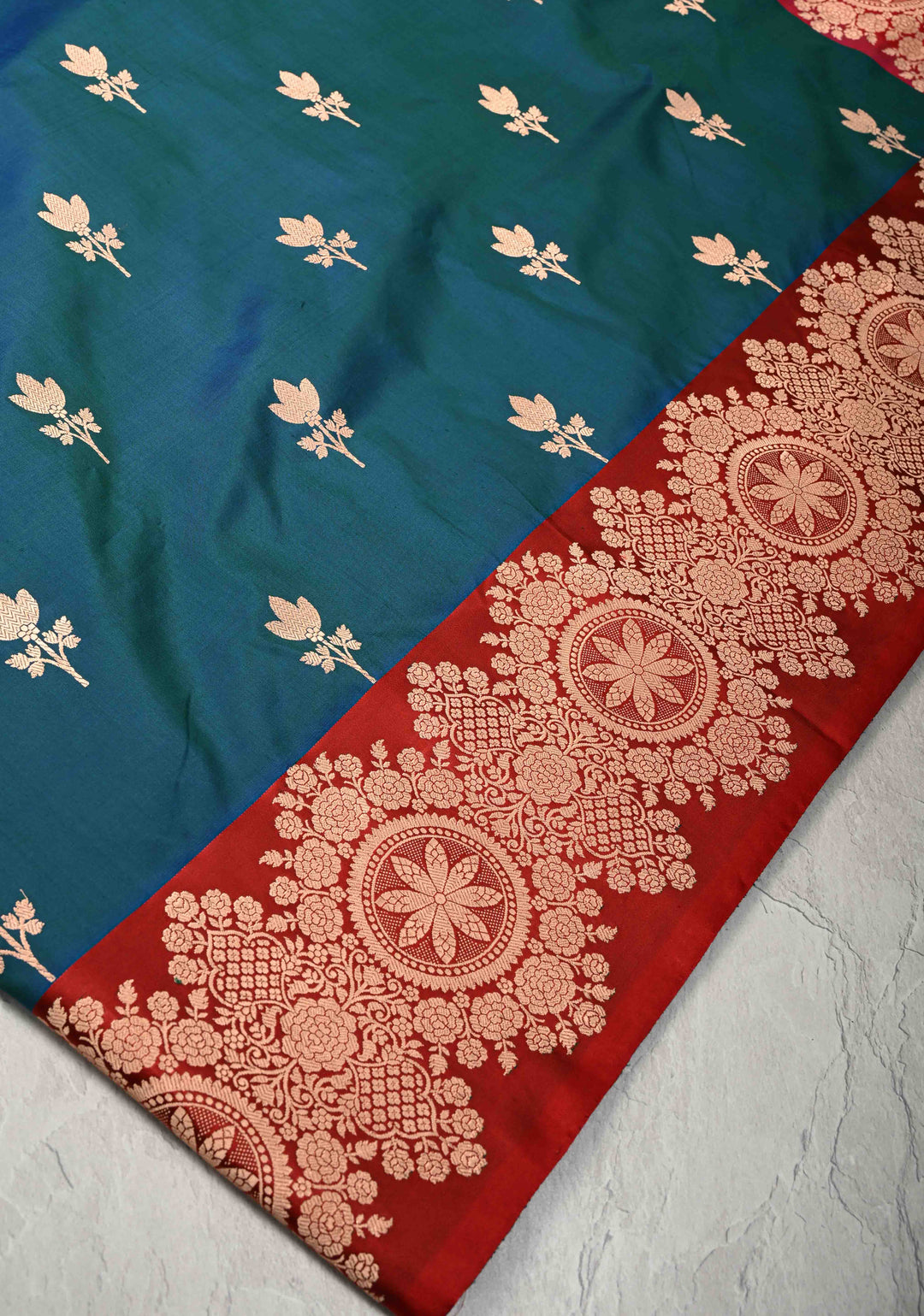 Peacock Blue and Green Dual Tone Banarasi Katan Silk Saree with Floral Butta and Contrast Zari Border | SILK MARK CERTIFIED