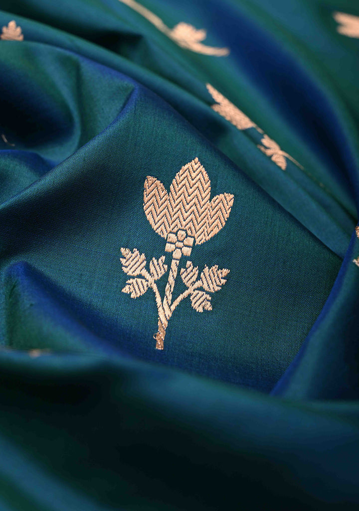 Peacock Blue and Green Dual Tone Banarasi Katan Silk Saree with Floral Butta and Contrast Zari Border | SILK MARK CERTIFIED
