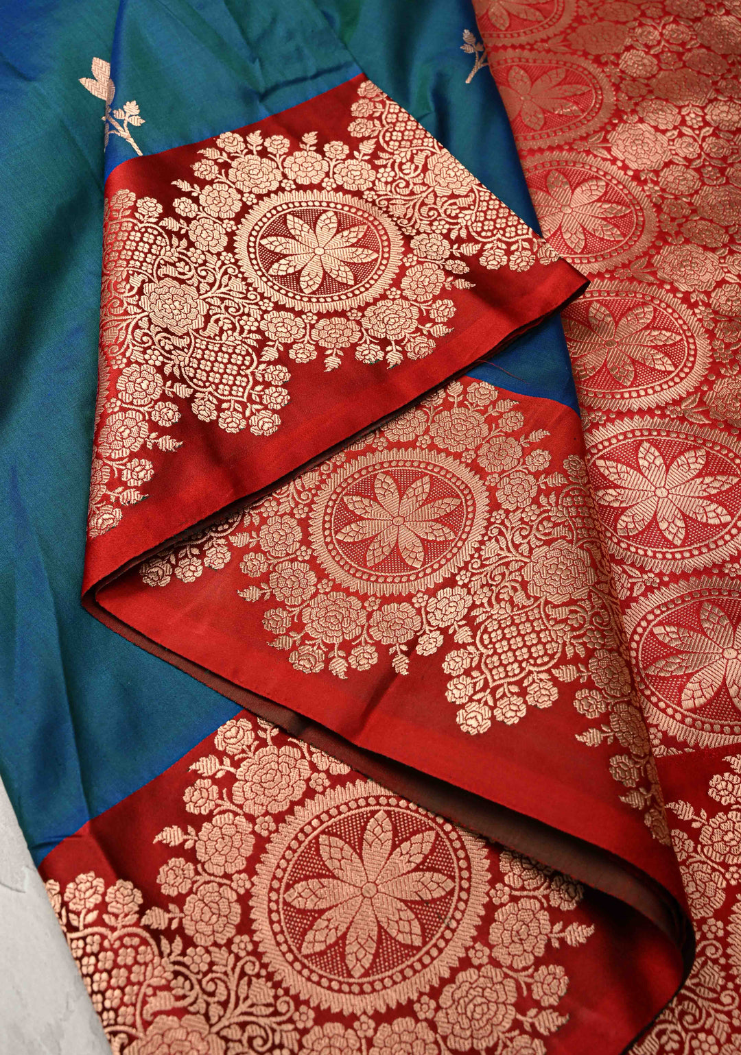 Peacock Blue and Green Dual Tone Banarasi Katan Silk Saree with Floral Butta and Contrast Zari Border | SILK MARK CERTIFIED
