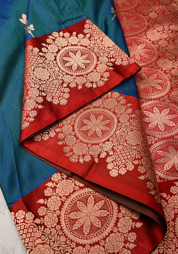 Peacock Blue and Green Dual Tone Banarasi Katan Silk Saree with Floral Butta and Contrast Zari Border | SILK MARK CERTIFIED