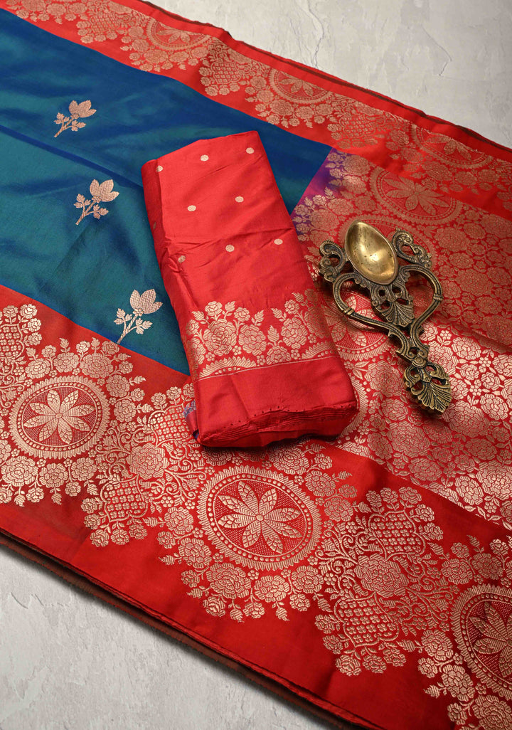 Peacock Blue and Green Dual Tone Banarasi Katan Silk Saree with Floral Butta and Contrast Zari Border | SILK MARK CERTIFIED
