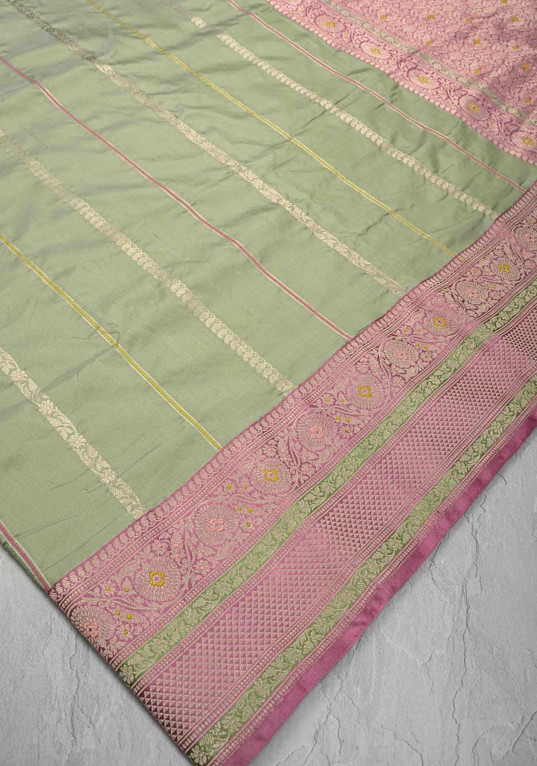 Sage Green Banarasi Pure Katan Silk Saree with Zari Vertical Stripes and Meenakari Contrast Border  | SILK MARK CERTIFIED