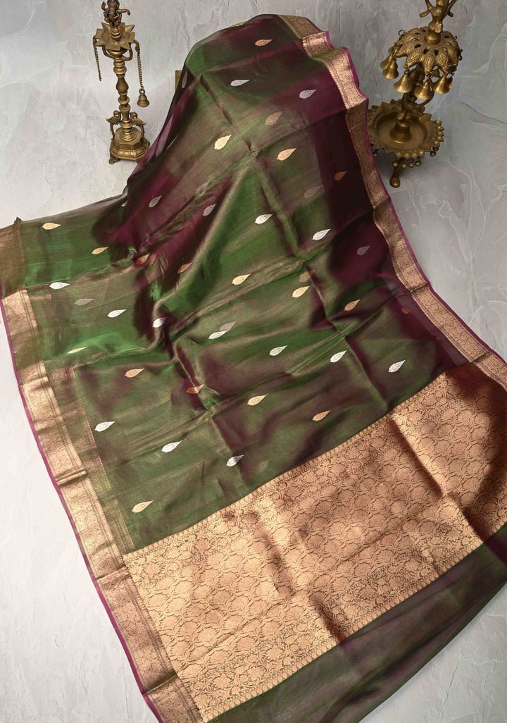 Green and Maroon Dual tone Banarasi Tissue by Kora Silk Saree with Sona Rupa Buttas and Zari Border | SILK MARK CERTIFIED