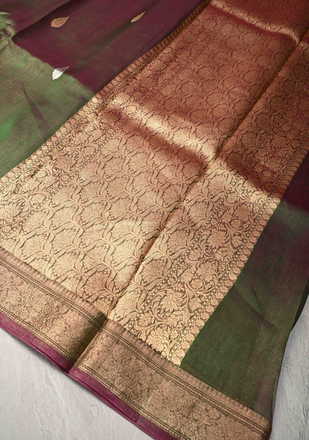 Green and Maroon Dual tone Banarasi Tissue by Kora Silk Saree with Sona Rupa Buttas and Zari Border | SILK MARK CERTIFIED