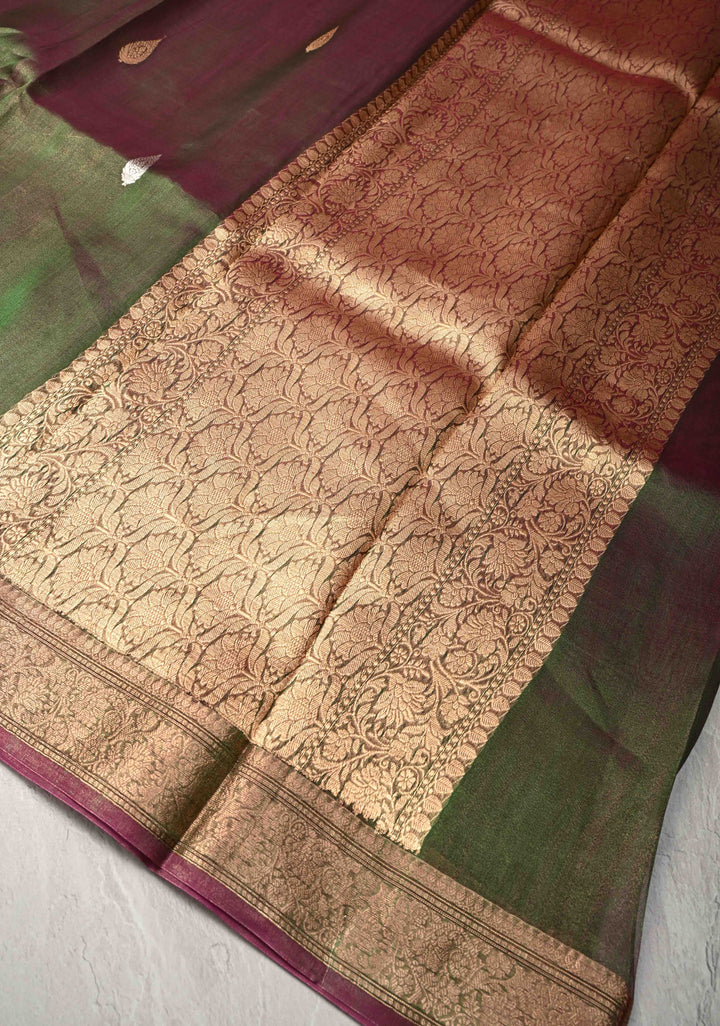 Green and Maroon Dual tone Banarasi Tissue by Kora Silk Saree with Sona Rupa Buttas and Zari Border | SILK MARK CERTIFIED
