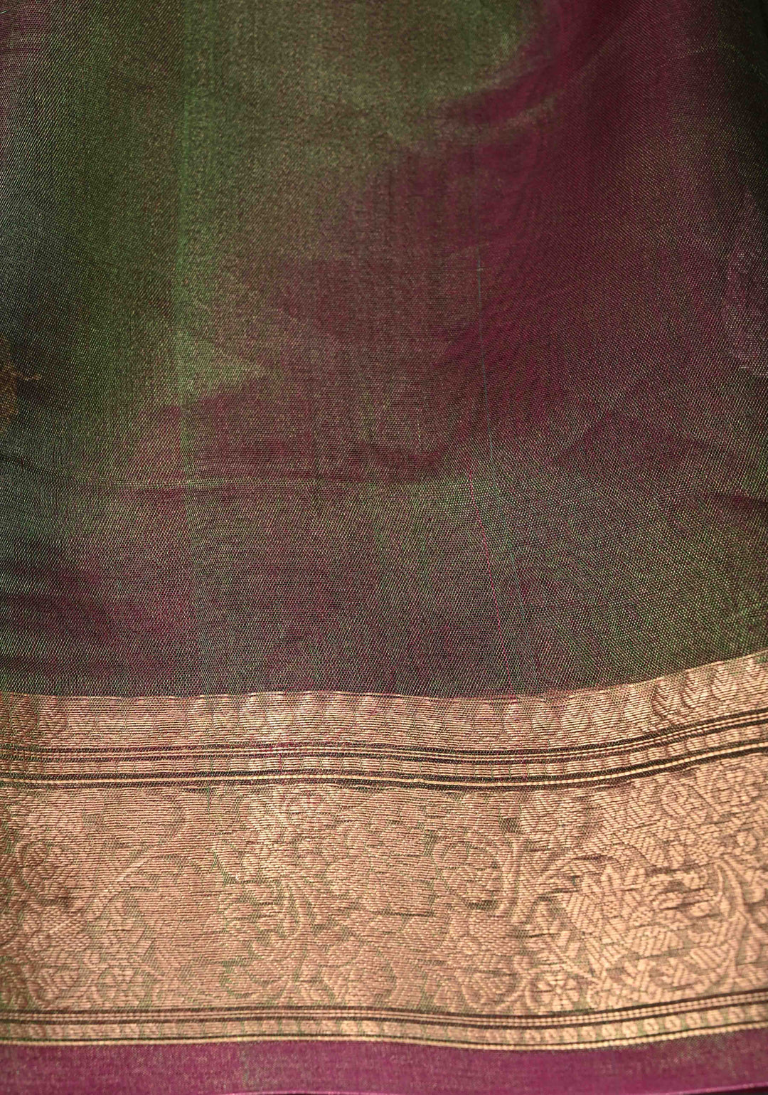 Green and Maroon Dual tone Banarasi Tissue by Kora Silk Saree with Sona Rupa Buttas and Zari Border | SILK MARK CERTIFIED