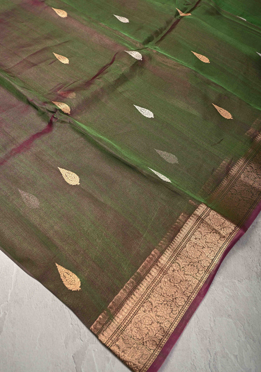 Green and Maroon Dual tone Banarasi Tissue by Kora Silk Saree with Sona Rupa Buttas and Zari Border | SILK MARK CERTIFIED