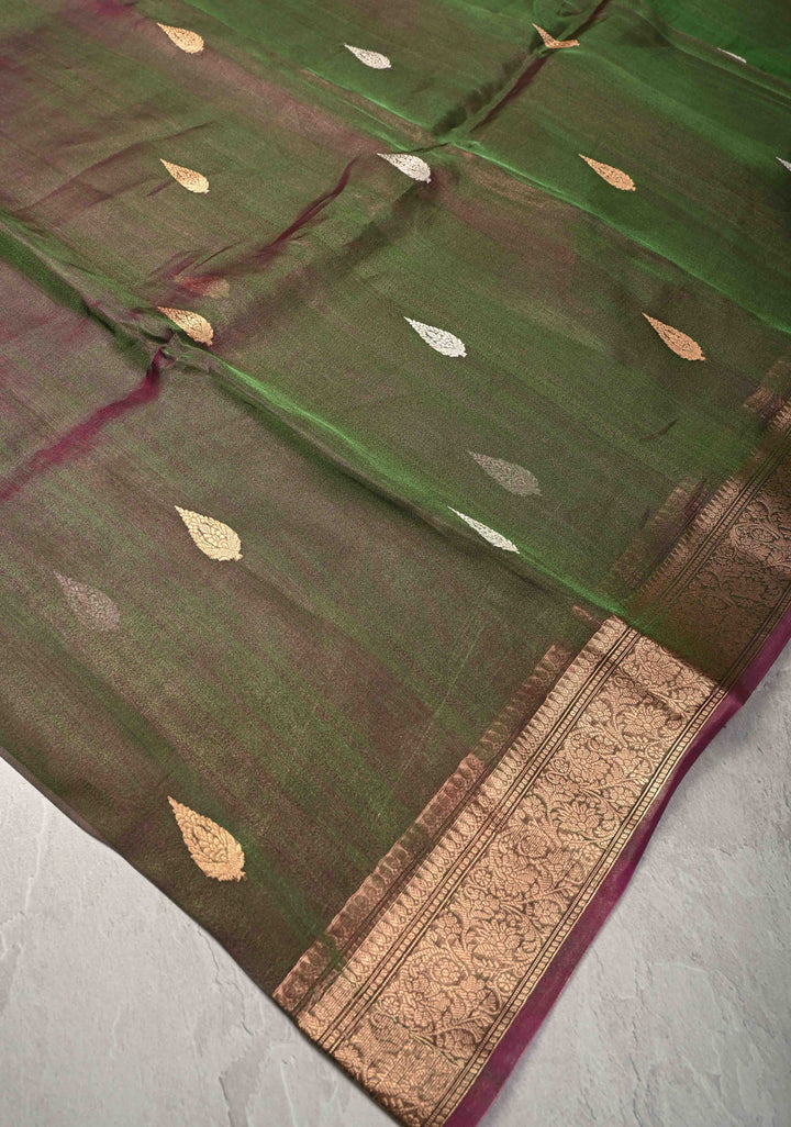 Green and Maroon Dual tone Banarasi Tissue by Kora Silk Saree with Sona Rupa Buttas and Zari Border | SILK MARK CERTIFIED